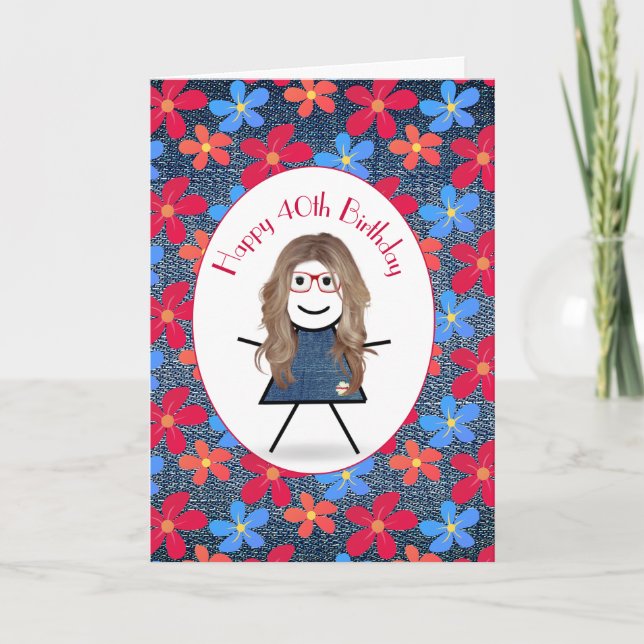 Carte 40e Anniversaire Stick Girl and Daisies On Denim (Devant)