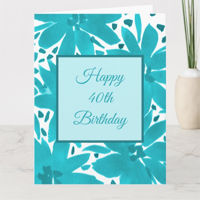 Carte 40e anniversaire Turquoise Blue Flowers Aquarelle (Devant)