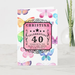 Carte 40e Birthday Pink Watercolor Butterfly Greeting