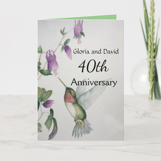 Carte 40e joyeux anniversaire doux élégant colibri (Devant)
