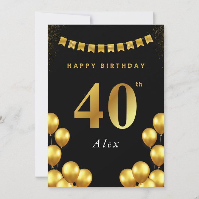 Carte 40th Birthday Card Black and Gold Balloons (Devant)