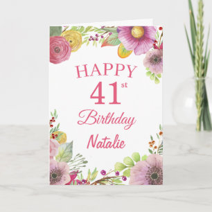 Carte 41e anniversaire Aquarelle Florale Fleurs rose Car