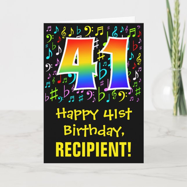 Carte 41e anniversaire : Symboles de musique colorée + A (Devant)