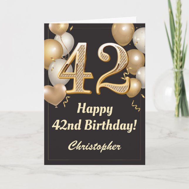 Carte 42e anniversaire Ballons Noir et Or Confetti (Devant)