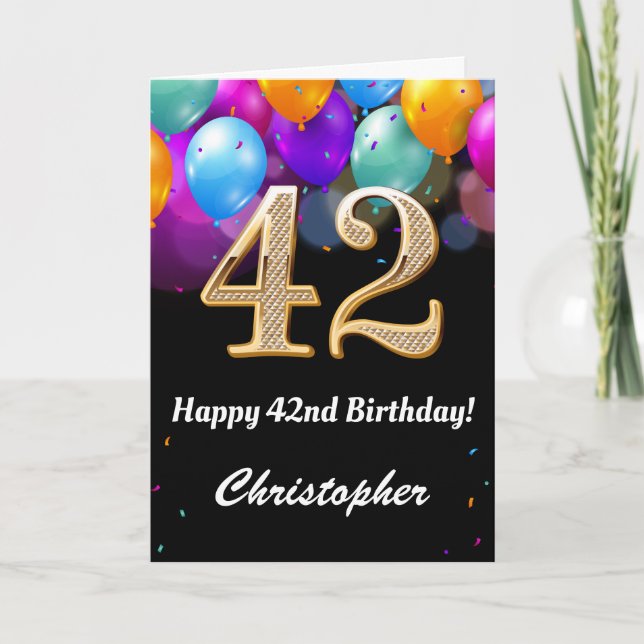 Carte 42e anniversaire Ballons noirs et dorés (Devant)