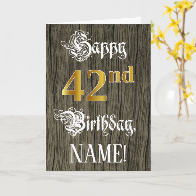 Carte 42e anniversaire : Faux Gold Look + Faux Wood Moti (Fleur jaune)
