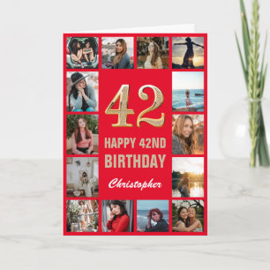 Carte 42e Joyeux Anniversaire Collage photo rouge et or