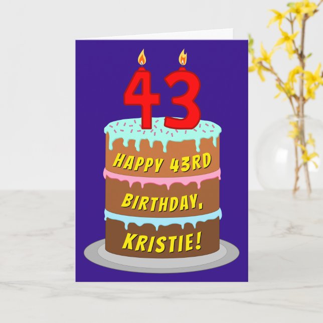 Carte 43e anniversaire : Gâteau et bougies amusants + No (Fleur jaune)