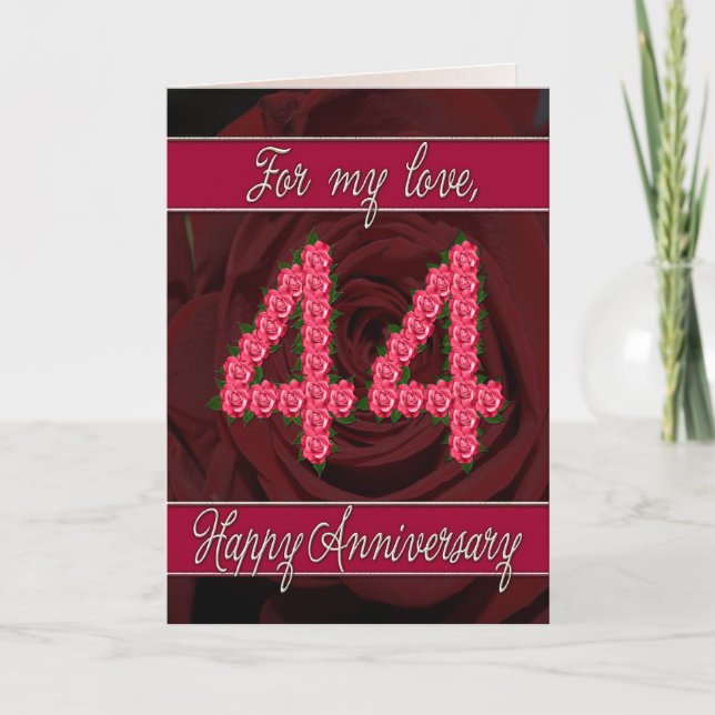 Carte 44e anniversaire avec rose et feuille (Devant)