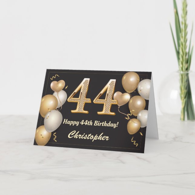 Carte 44e anniversaire Ballons noirs et or Anniversaire (Devant)