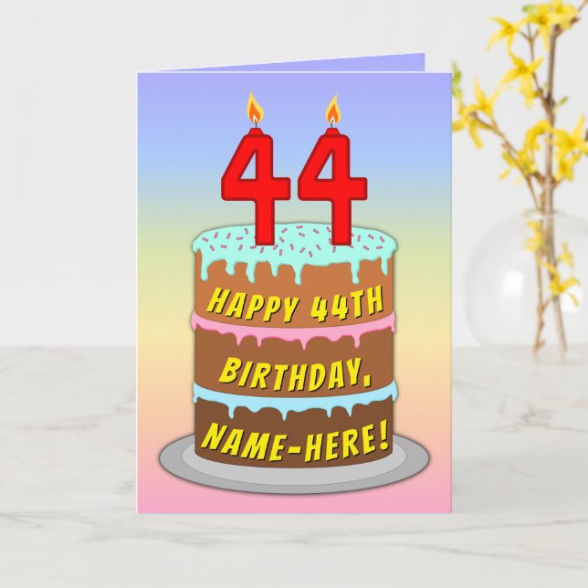 Carte 44e anniversaire — Fun Cake & Candles, avec nom pe (Fleur jaune)