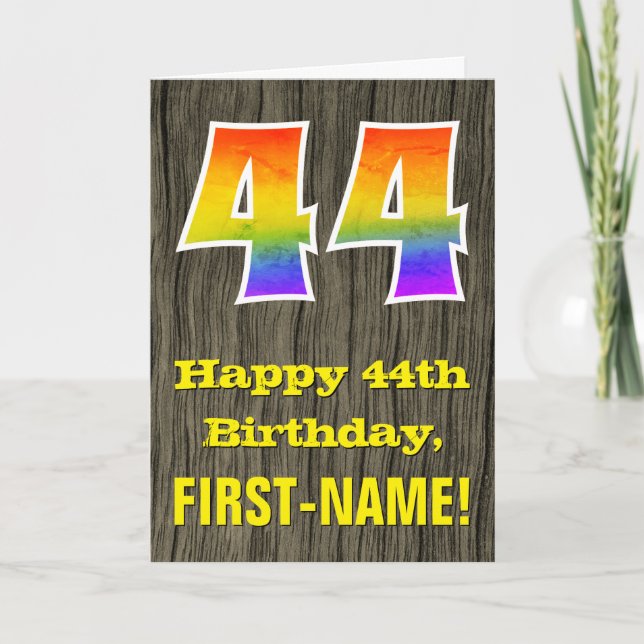 Carte 44e anniversaire : Rustic Faux Wood Look, Arc-en-c (Devant)