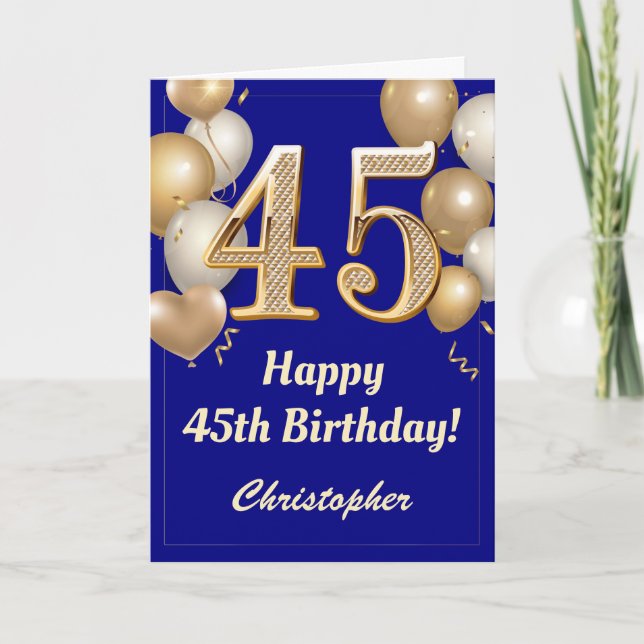 Carte 45e anniversaire Marine Bleu et Ballons d'or Confe (Devant)