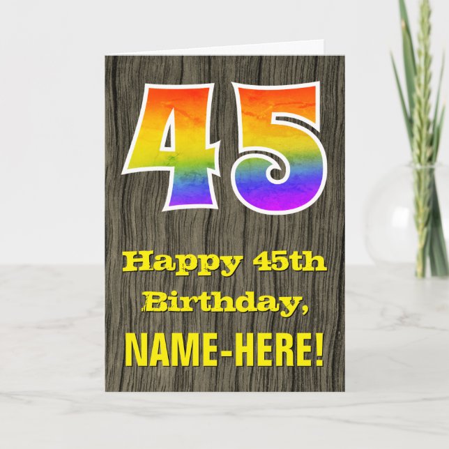 Carte 45e anniversaire : Rustic Faux Wood Look, Arc-en-c (Devant)