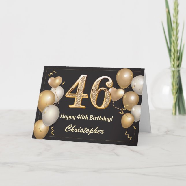 Carte 46e anniversaire Ballons noirs et or Anniversaire (Devant)