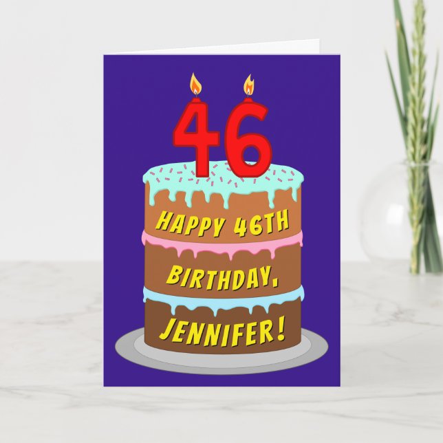 Carte 46e anniversaire : Gâteau et bougies amusants + No (Devant)