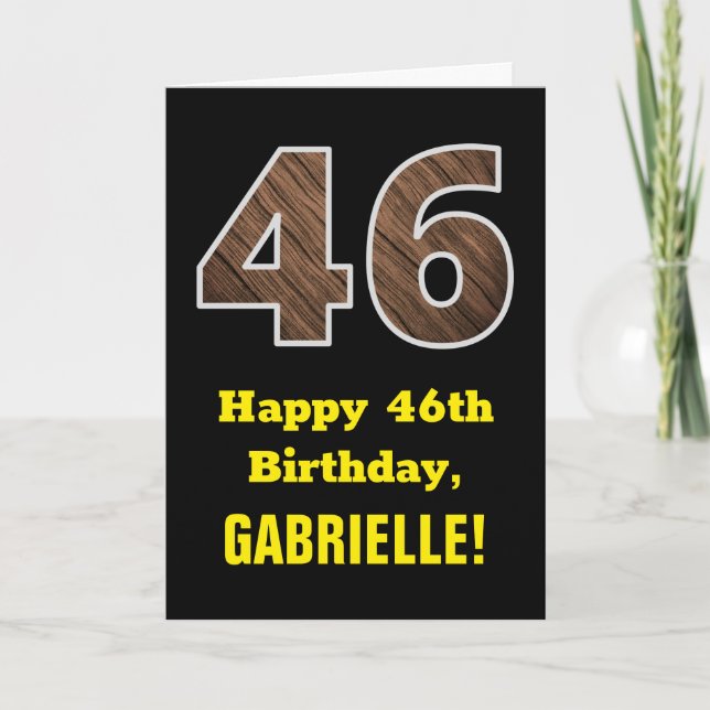 Carte 46e anniversaire : Nom, Motif Faux Wood Grain "46" (Devant)