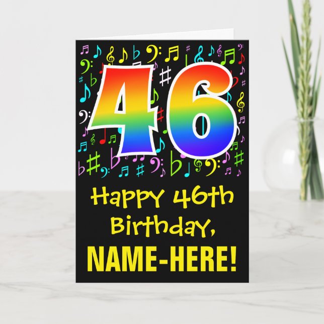 Carte 46e anniversaire : Symboles de musique colorée + A (Devant)