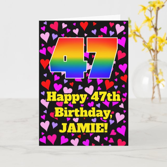 Carte 47e anniversaire : Amour Hearts Motif, Arc en ciel (Fleur jaune)