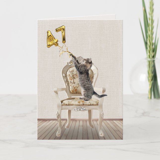 Carte 47e anniversaire Ballons et Tabby Cat (Devant)