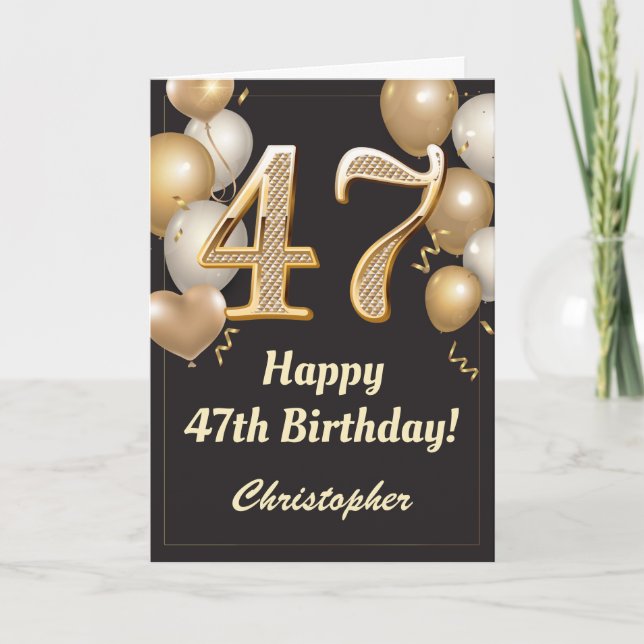 Carte 47e anniversaire Ballons Noir et Or Confetti (Devant)