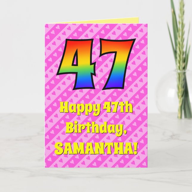 Carte 47e anniversaire : Pink Stripes & Hearts, Arc en c (Devant)