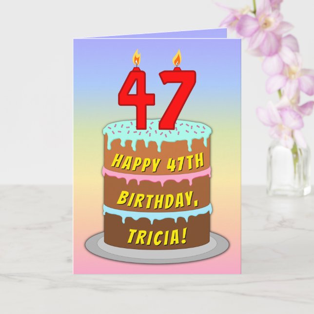 Carte 47th Birthday — Fun Cake & Candles, w/ Custom Name (Orchidée)