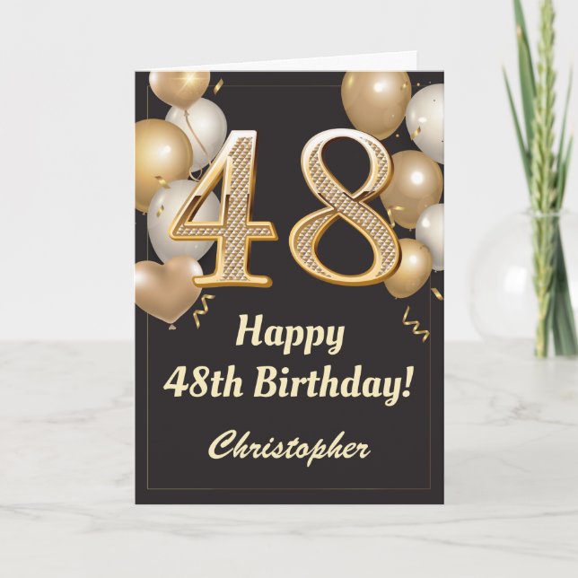 Carte 48e anniversaire Ballons Noir et Or Confetti (Devant)