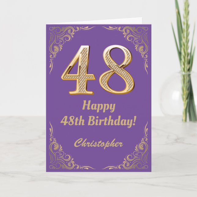 Carte 48e anniversaire Parties scintillant violet et or (Devant)
