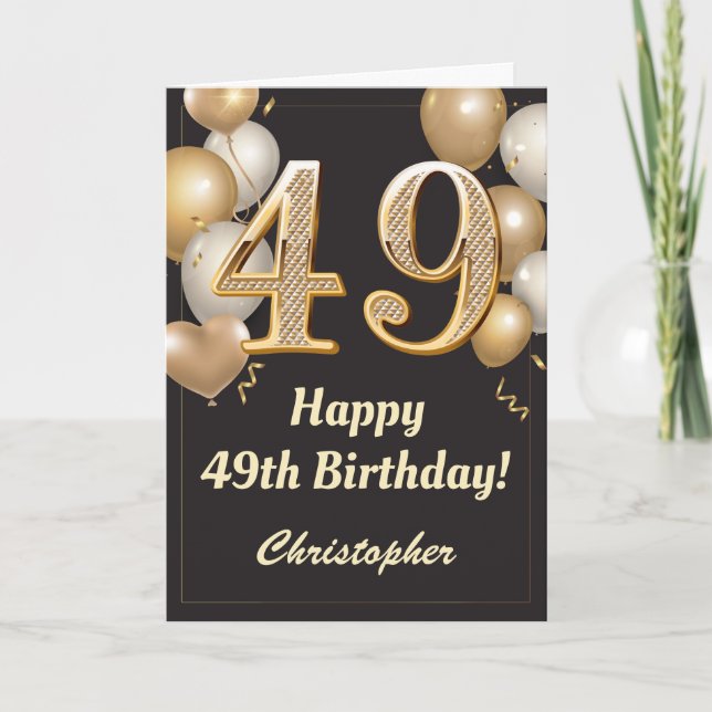 Carte 49e anniversaire Ballons Noir et Or Confetti (Devant)