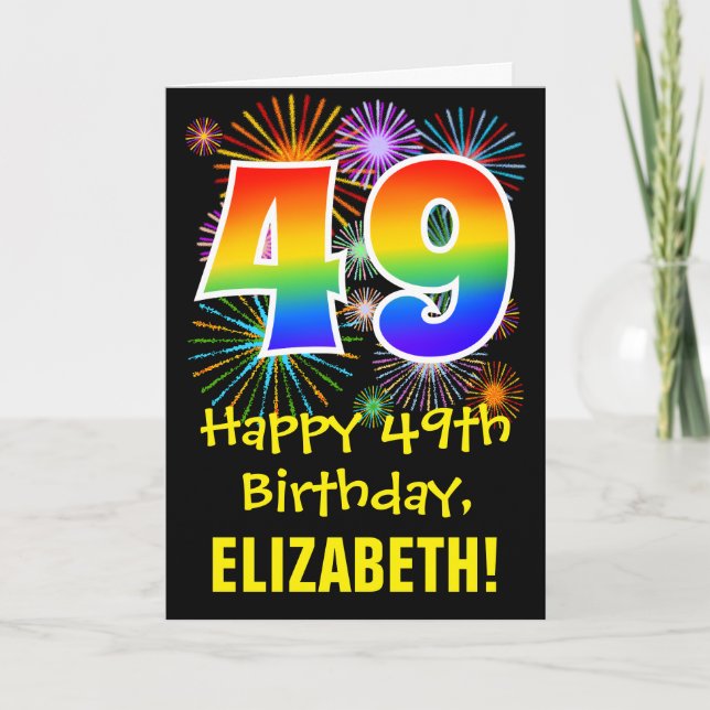 Carte 49ème anniversaire : Fun Fireworks Motif + Rainbow (Devant)