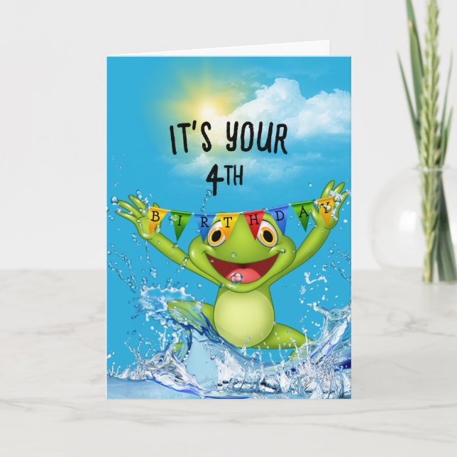 Carte 4 Anniversaire Grenouille à sauter dans l'eau (Devant)