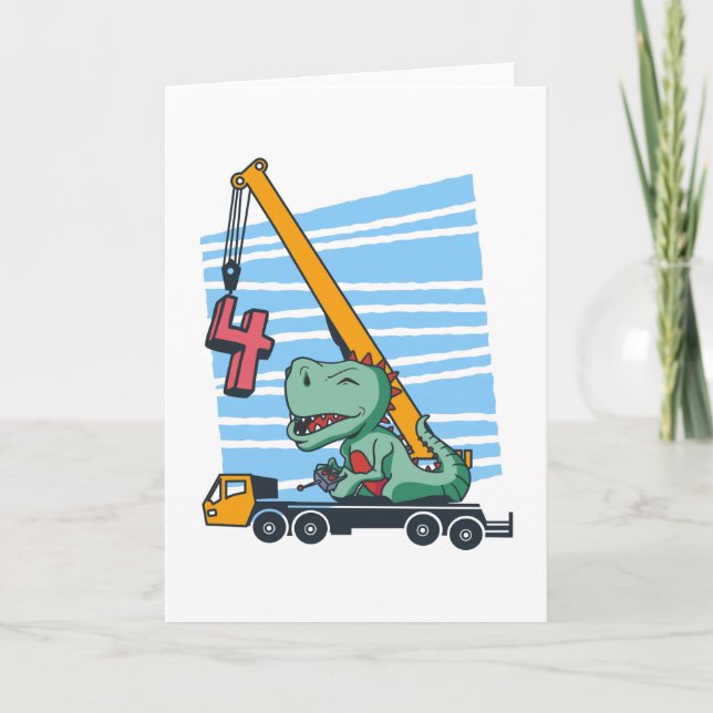 Carte 4 ans 4Anniversaire grue mobile Dinosaur (Devant)