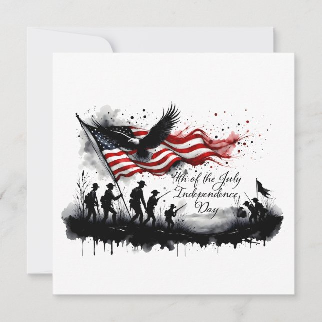 Carte 4 juillet art patriotique avec drapeau et soldats (Devant)