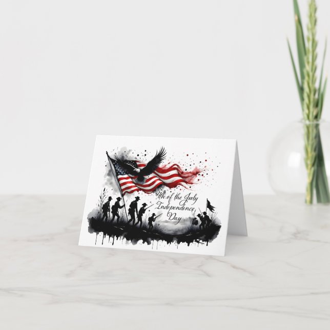 Carte 4 juillet art patriotique avec drapeau et soldats (Devant)
