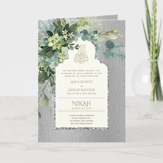 Carte 4 Page Silver GREENERY Islamic NIKAH WALIMA Invita (Devant)