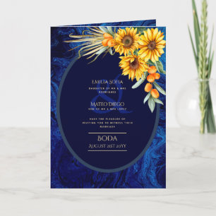 Carte 4 pg d'invitations de BODA espagnol, Blue Sunflowe