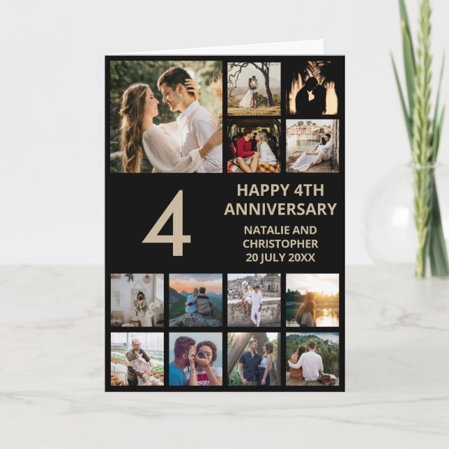 Carte 4e anniversaire 13 Photo Collage noir et or (Devant)