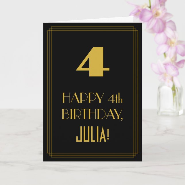 Carte 4e anniversaire - Art Déco Inspiré Look "4" & Nom (Orchidée)