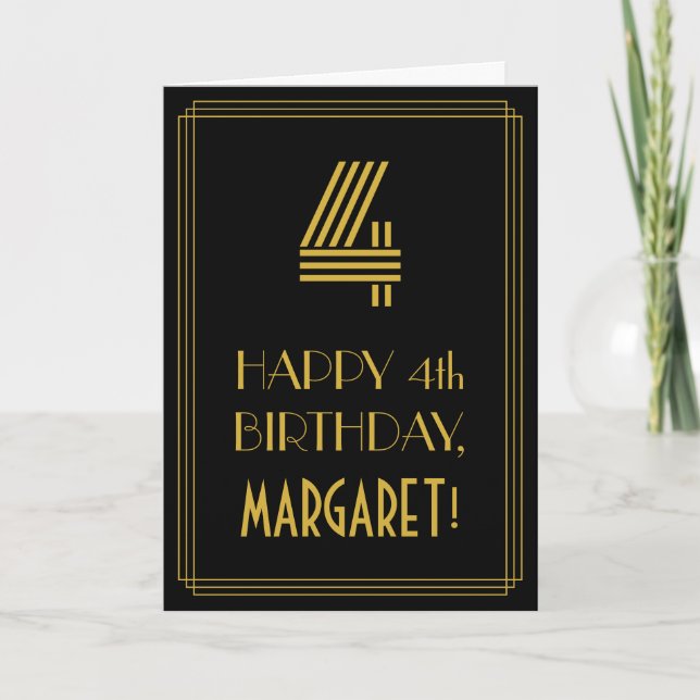 Carte 4e anniversaire : Art Déco Inspiré Look "4" & Nom (Devant)