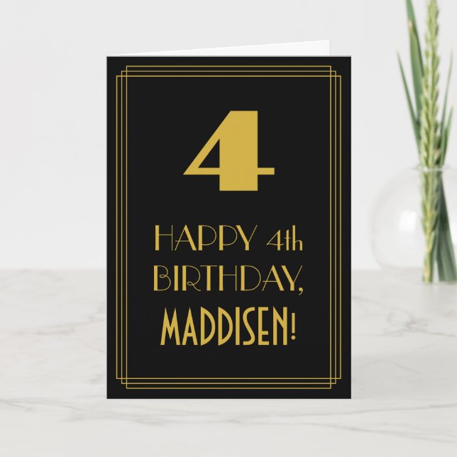 Carte 4e anniversaire ~ Art Déco Inspiré Look "4" & Nom (Devant)