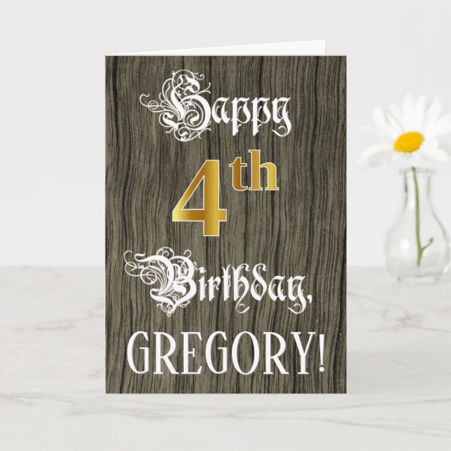 Carte 4e anniversaire : Faux Gold Look + Faux Wood Motif (Petite plante)