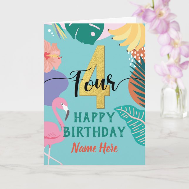 Carte 4e anniversaire Flamant rose tropical Fleur botani (Orchidée)