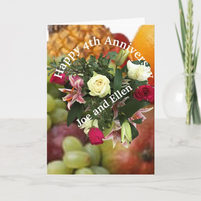 Carte 4e anniversaire, fruits et fleurs, (Devant)