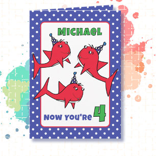 Carte 4e anniversaire Funny mignon requins rouges carica