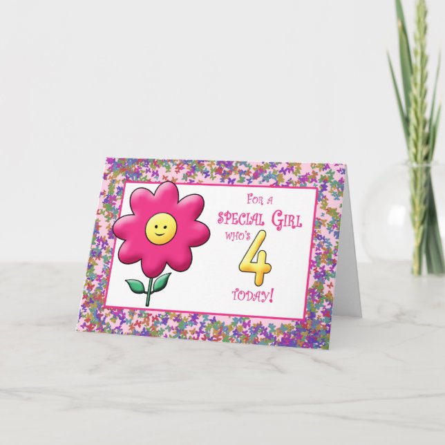 Carte 4e anniversaire mignon Fleur rose et (Devant)