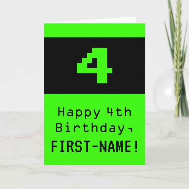 Carte 4e anniversaire : Nerdy / Geeky Style "4" et nom (Devant)