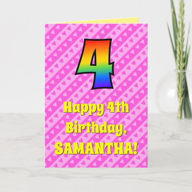 Carte 4e anniversaire : Pink Stripes & Hearts, Rainbow # (Devant)