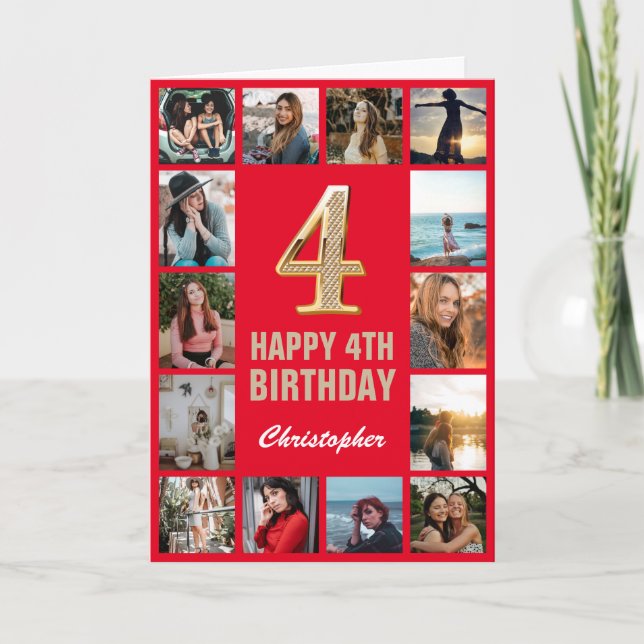 Carte 4e Joyeux anniversaire Collage photo rouge et or (Devant)