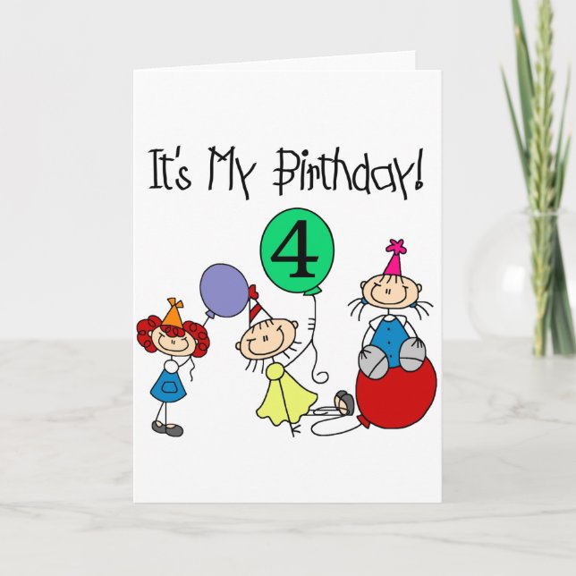 Carte 4e Stick Kids Party Anniversaire Tshirts et cadeau (Devant)
